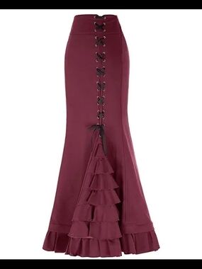 High-Waist Lace-Up Ruffle Maxi Skirt in Burgundy